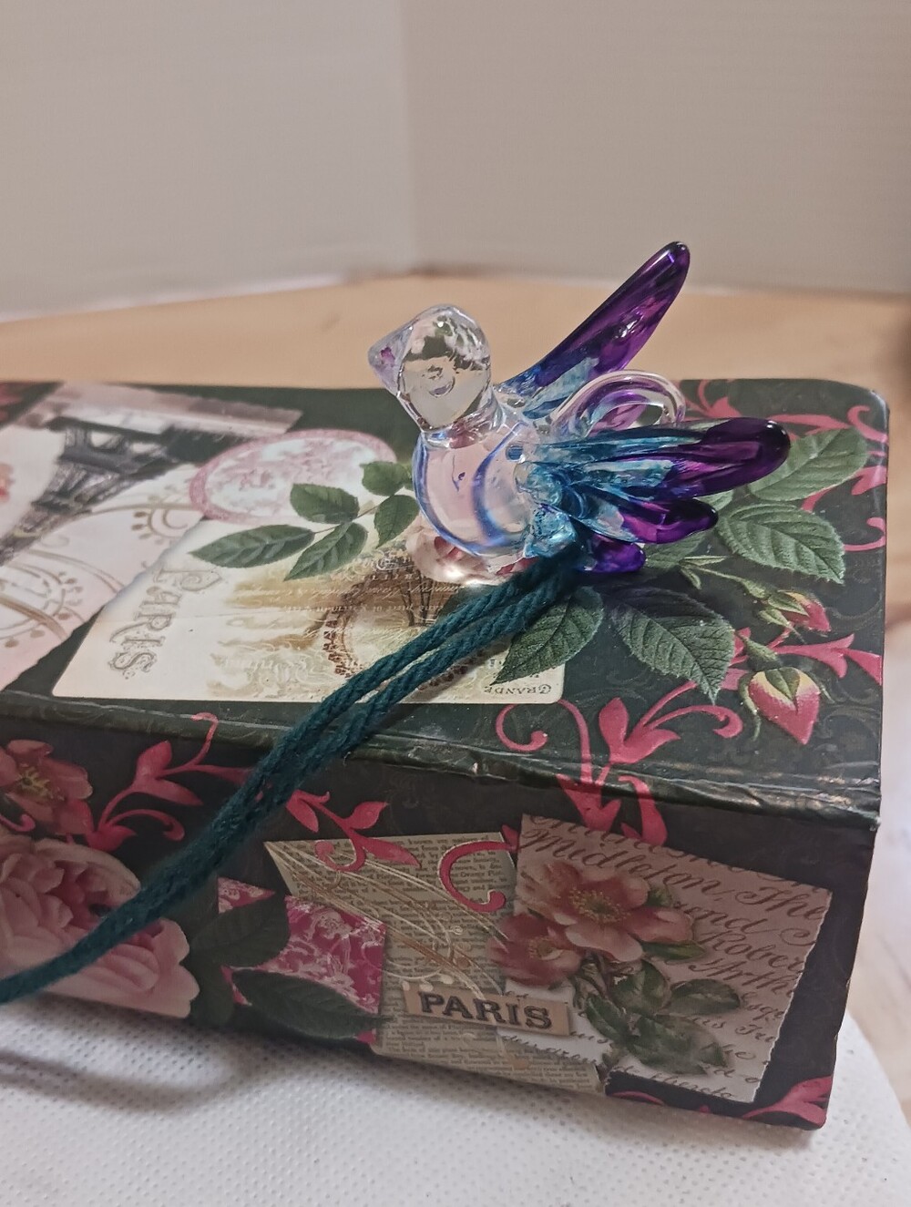 Glass Bird Necklace Pendant in Purple and Blue Blown, long Sting